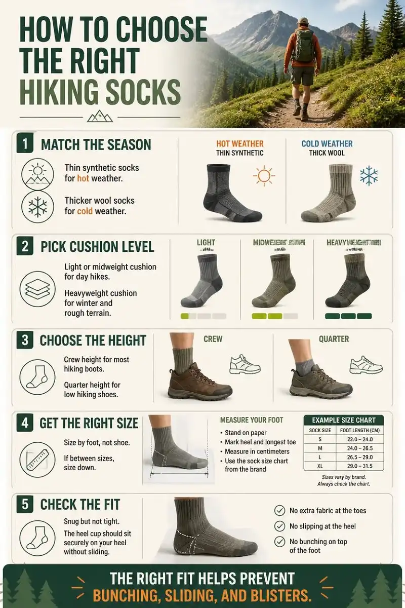 How to choose hiking socks infographic showing season, cushion, height, size, and fit guidelines for comfortable, blister-free hiking.