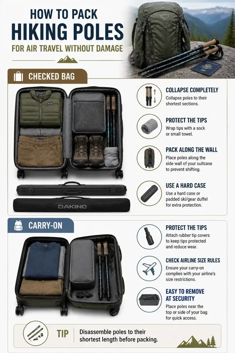 Infographic showing how to safely pack collapsible hiking poles in checked luggage or carry-on baggage for air travel.