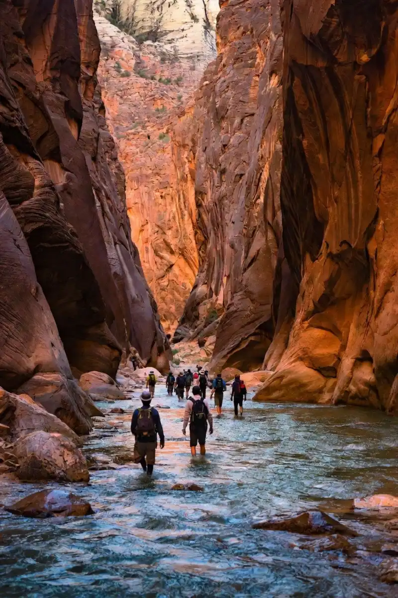 Hikers wading upstream through the Virgin River on the bottom-up Narrows day hike in Zion National Park.