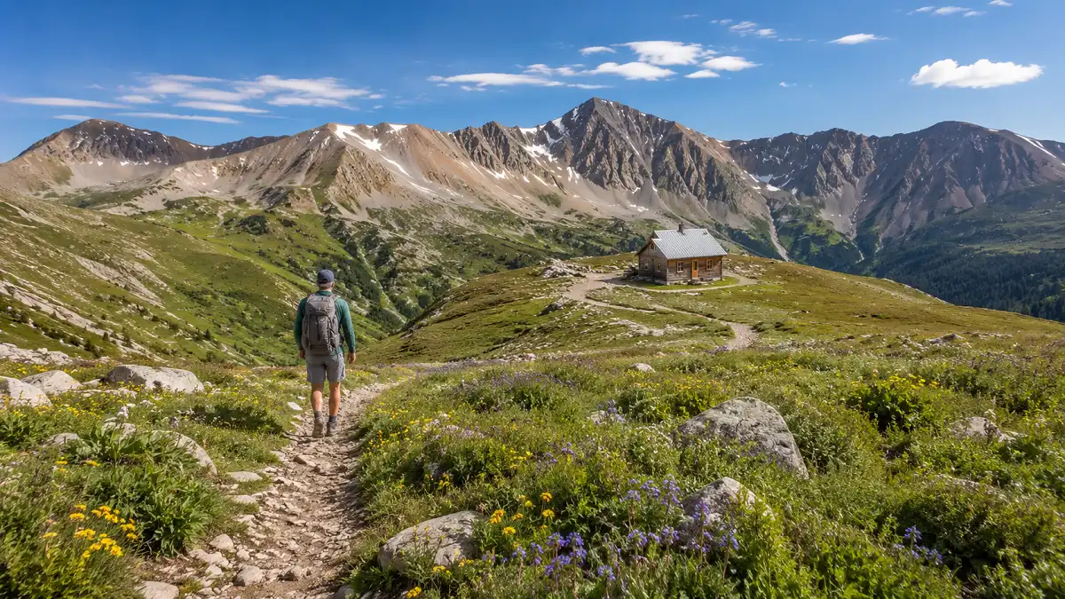 Hiker walking through wildflower-filled alpine meadows on Second Creek Trail near Broome Hut with Continental Divide peaks in the background.