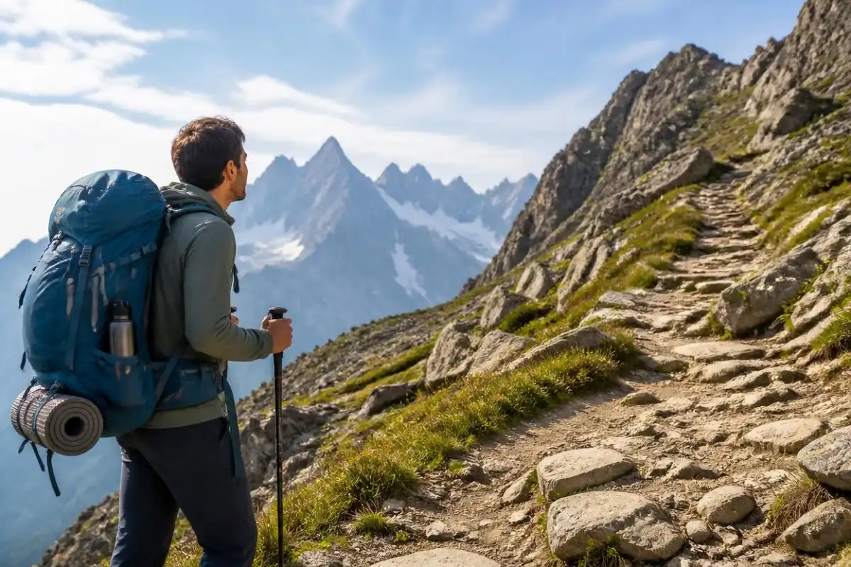 Hiker with trekking poles deciding whether poles are worth carrying on a steep mountain trail.