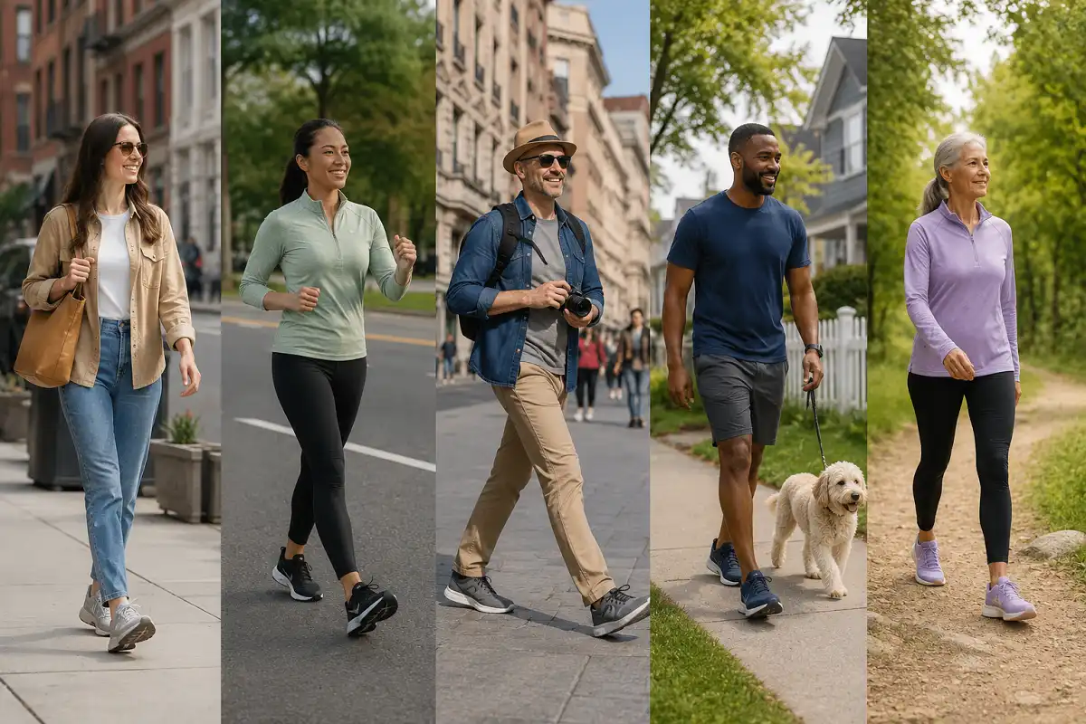 Five types of walking shown across city sidewalks, fitness routes, sightseeing streets, neighborhood paths, and a light dirt trail.