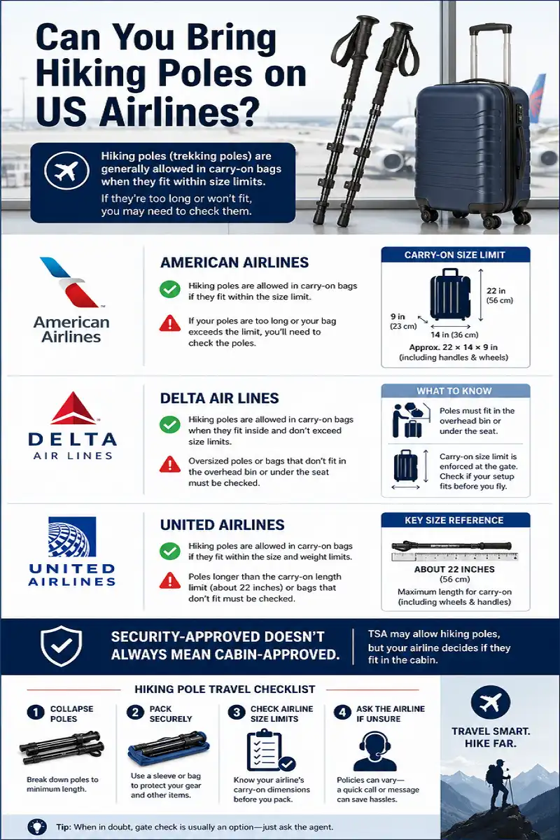 Infographic explaining US airline rules for bringing hiking poles, including American Airlines, Delta, and United carry-on size limits and when poles may need to be checked.