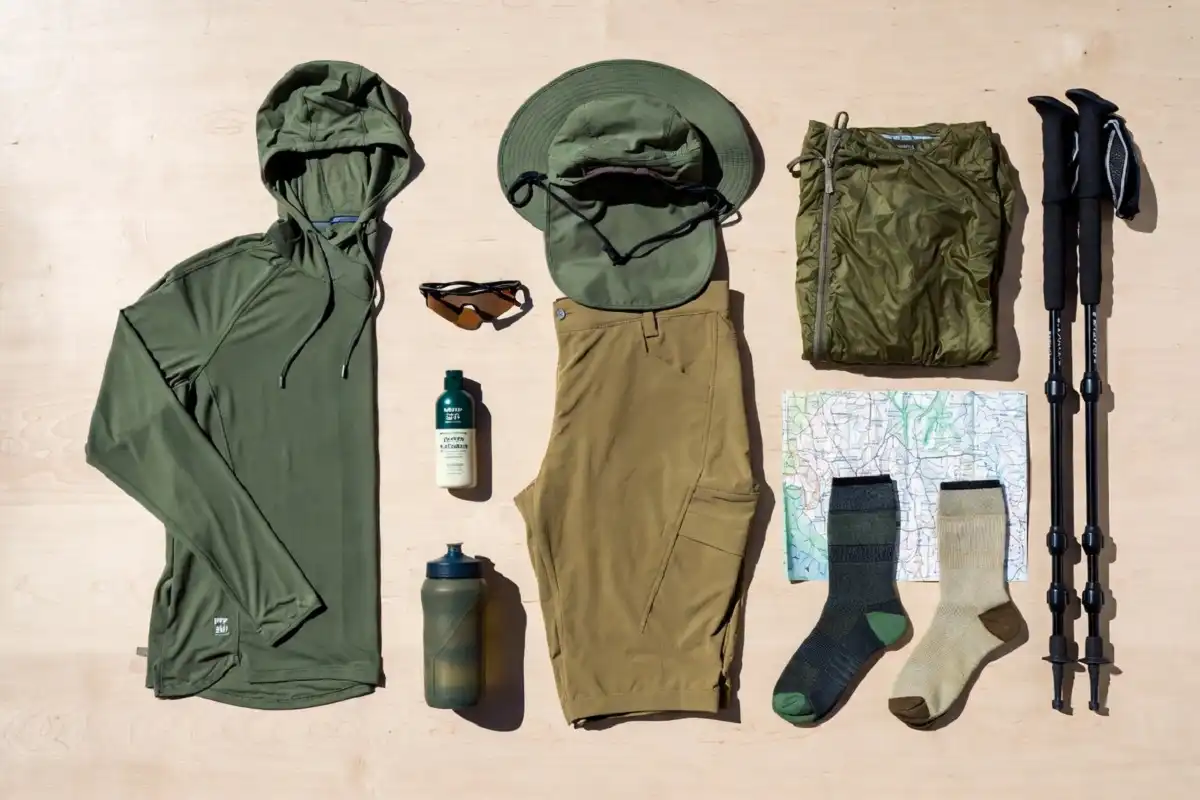 Wide brim hiking hat neck gaiter and UV protective sunglasses arranged on a wooden surface
