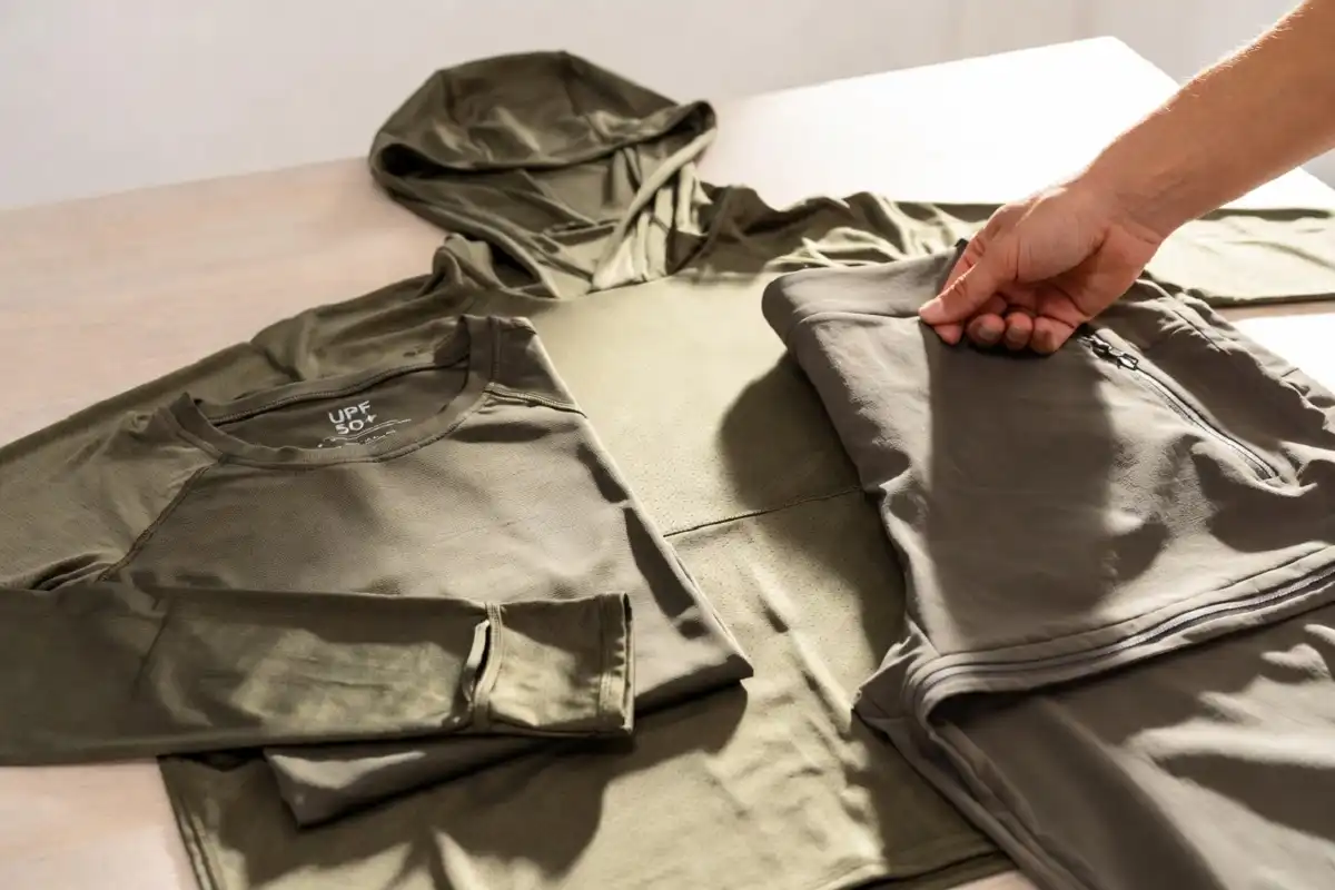 Person inspecting UPF hiking clothing, breathable sun hoodie, and convertible hiking pants with ventilation and thumb loops before buying.