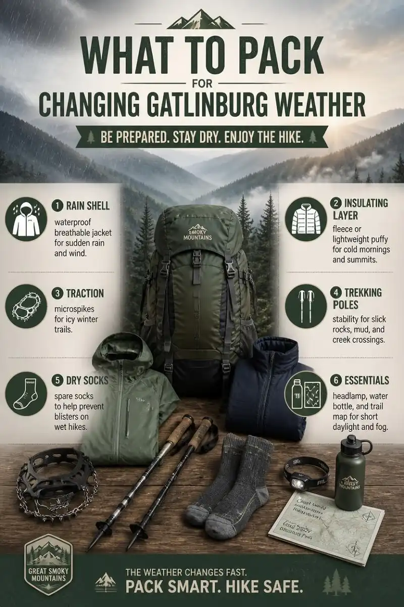 What to pack for changing Gatlinburg weather while hiking, including a rain shell, insulating layer, microspikes, trekking poles, dry socks, headlamp, water, and map.