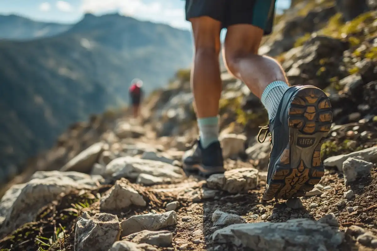 Hiker wearing cushioned hiking socks and boots on a steep, hot mountain trail, showing the importance of socks for comfort and blister protection.