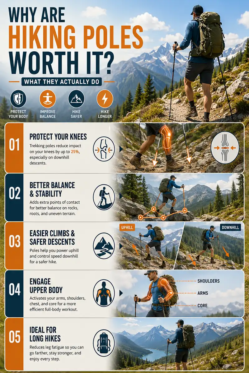 Hiker using trekking poles on a mountain trail showing how hiking poles reduce knee strain, improve balance, assist climbs and descents, engage upper-body muscles, and reduce fatigue on long hikes.
