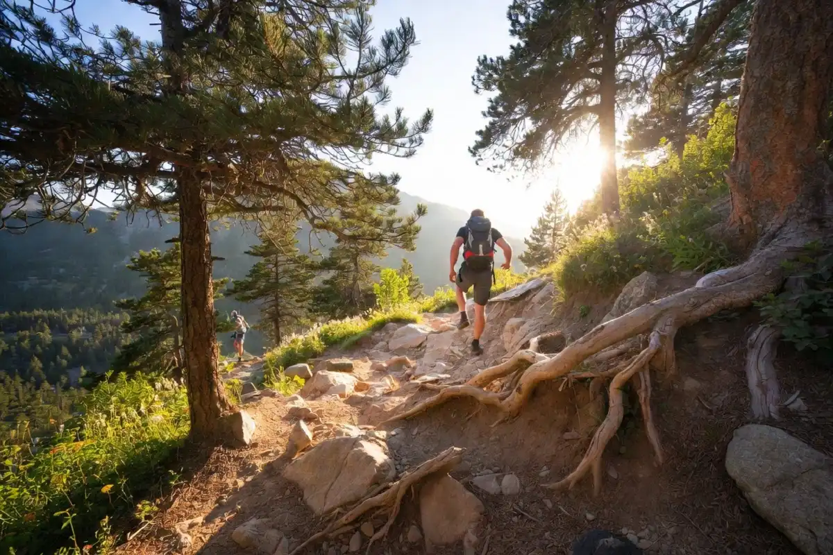 Hiker climbing a scenic mountain trail, demonstrating how hiking helps burn calories, build muscle, and support healthy weight loss.