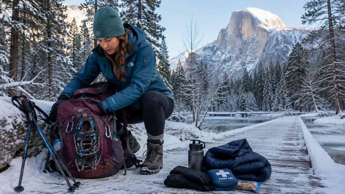 Hiker preparing winter hiking gear for Yosemite trail with microspikes, trekking poles, insulated boots, layers, and water bottle beside a snowy mountain landscape.