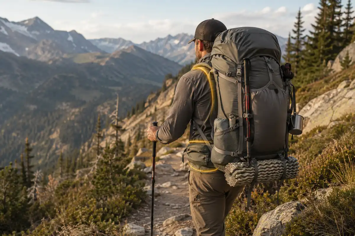 Hiker wearing a supportive backpack on a scenic long distance hiking trail