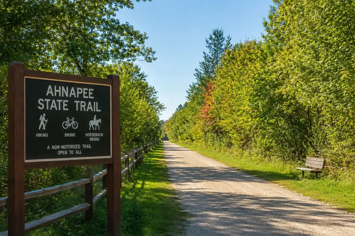 Ahnapee State Trail with a flat hard-packed hiking path through a green forest