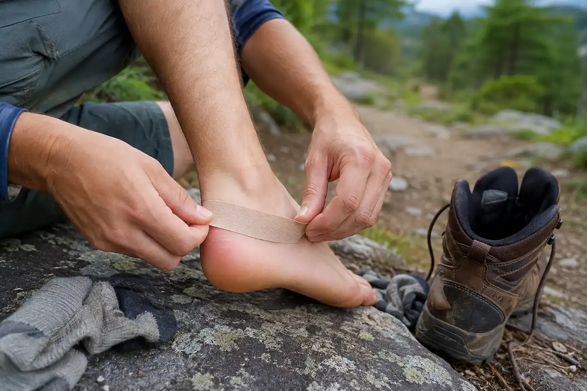 A hiker pressing a strip of tape onto the back of the heel to cover a hot spot before it blisters