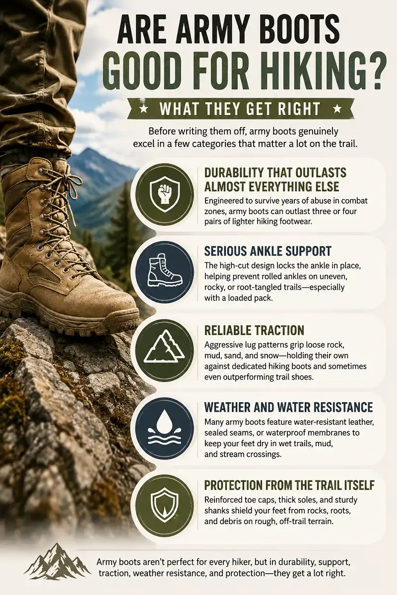 Infographic explaining the benefits of army boots for hiking including durability, ankle support, traction, water resistance, and trail protection