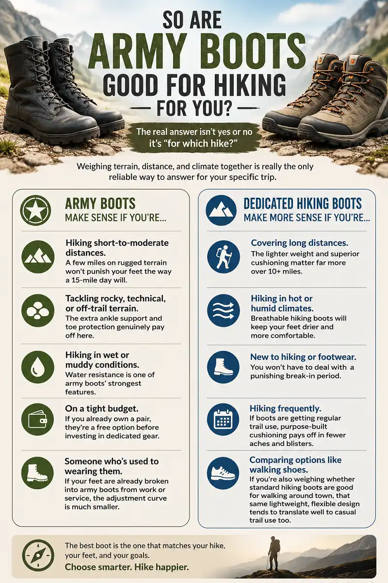 Infographic comparing army boots and dedicated hiking boots for different hiking conditions, distances, climates, terrain, budgets, and comfort needs