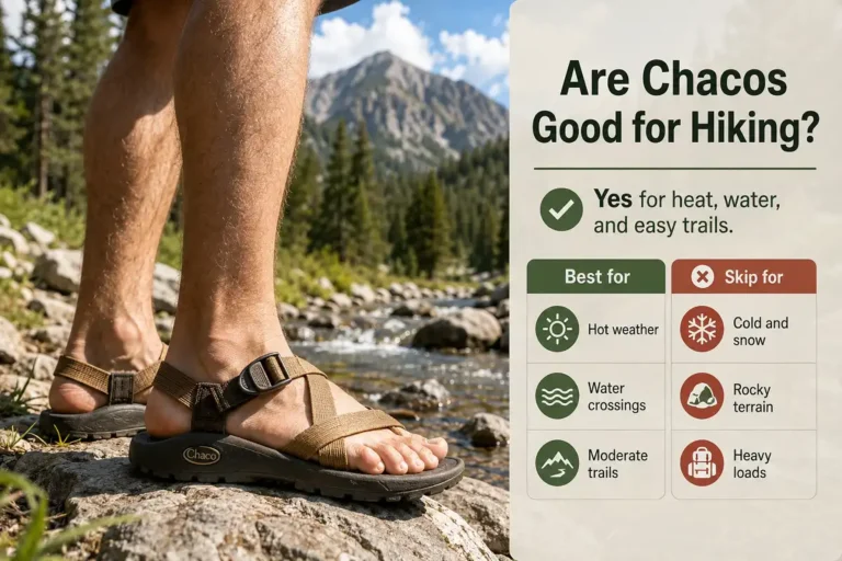 Hiker wearing Chaco sandals on a sunny trail beside a summary graphic showing where Chacos work best for hiking