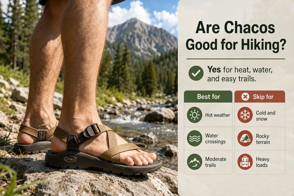 Hiker wearing Chaco sandals on a sunny trail beside a summary graphic showing where Chacos work best for hiking