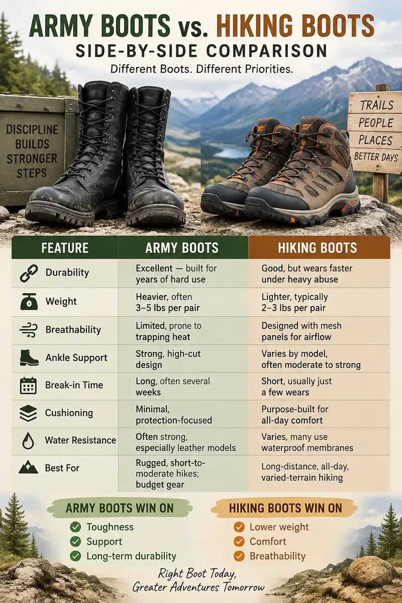 Infographic comparing army boots and hiking boots for durability, weight, breathability, ankle support, break-in time, cushioning, water resistance, and hiking performance