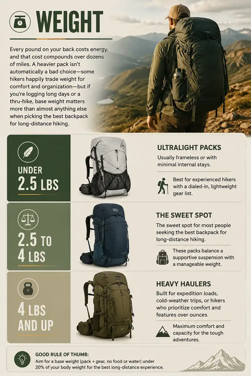 Infographic comparing backpack weights for long distance hiking