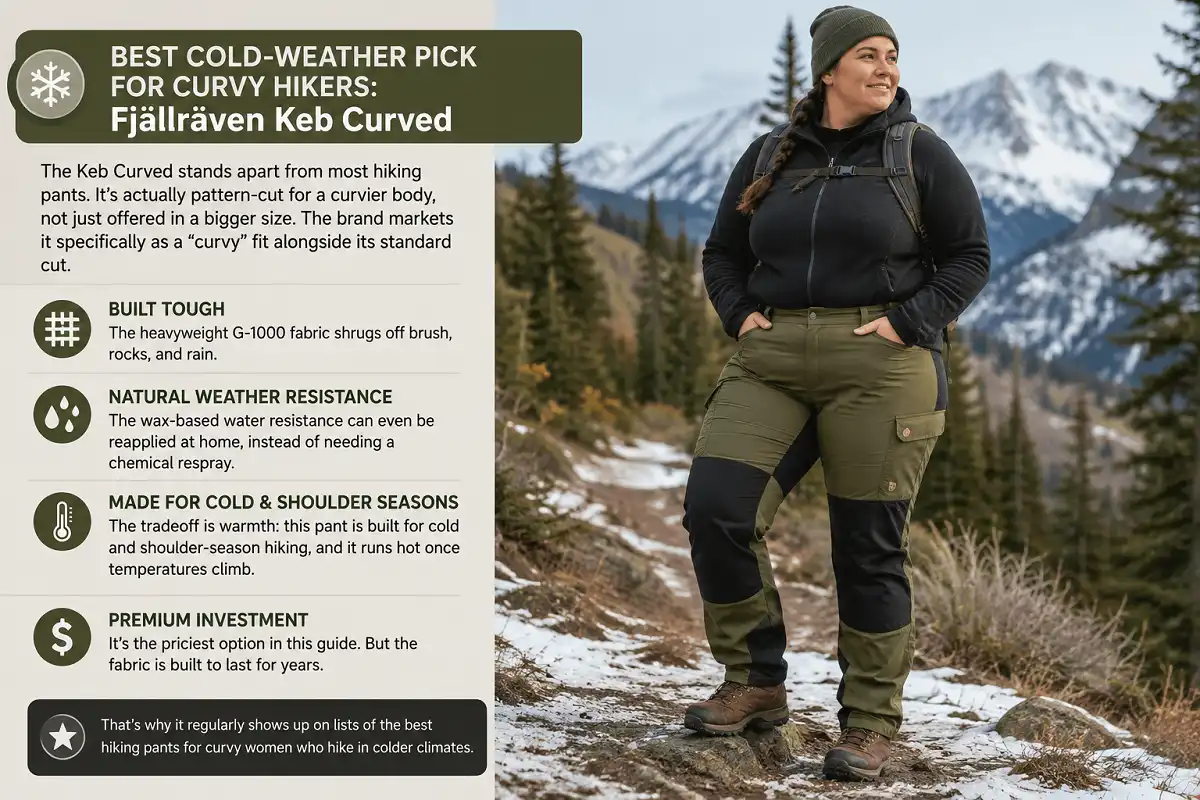 Curvy woman wearing Fjällräven Keb Curved hiking pants on a snowy mountain trail