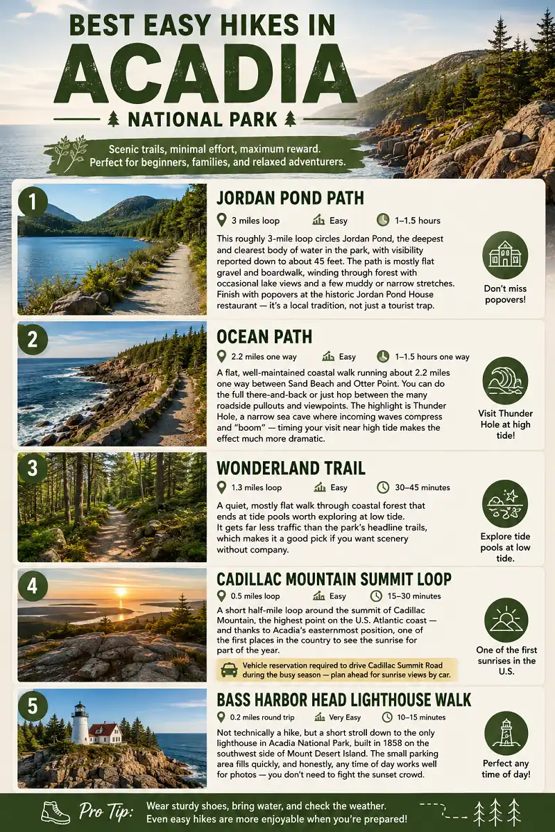 Infographic showing five easy hikes in Acadia National Park