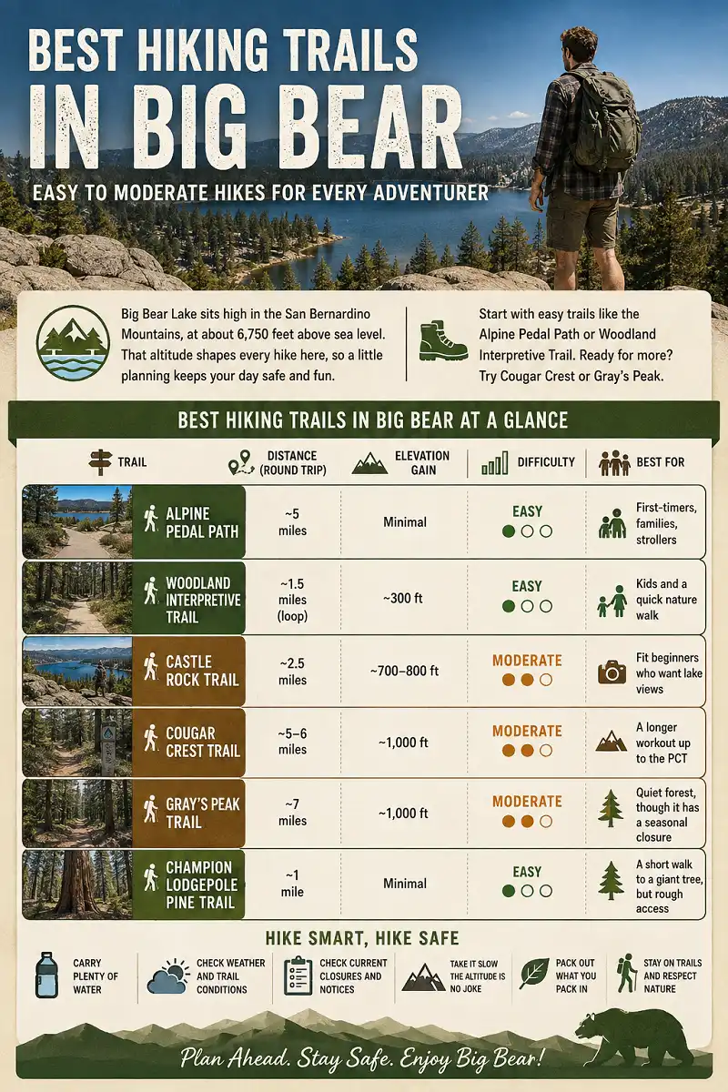 Infographic showing the best hiking trails in Big Bear for beginners with trail distances, elevation gains, difficulty levels, and hiking safety tips