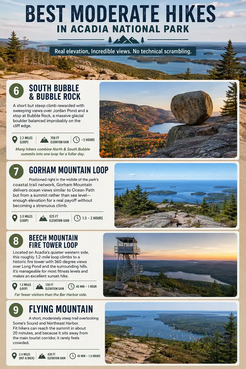 Best moderate hikes in Acadia National Park including Bubble Rock and Gorham Mountain