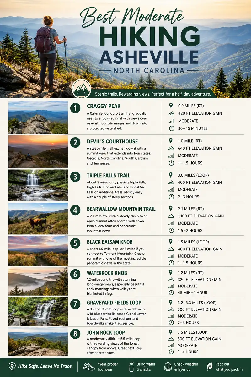 Infographic of the best moderate hiking trails near Asheville, North Carolina