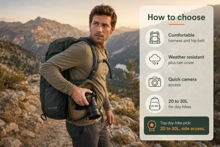 Hiker on a mountain trail wearing the best backpack for camera and hiking, with labels for comfort, weather protection, quick camera access, and pack size