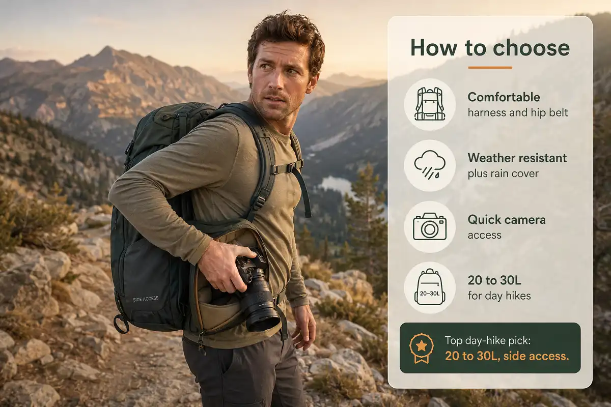 Hiker on a mountain trail wearing the best backpack for camera and hiking, with labels for comfort, weather protection, quick camera access, and pack size