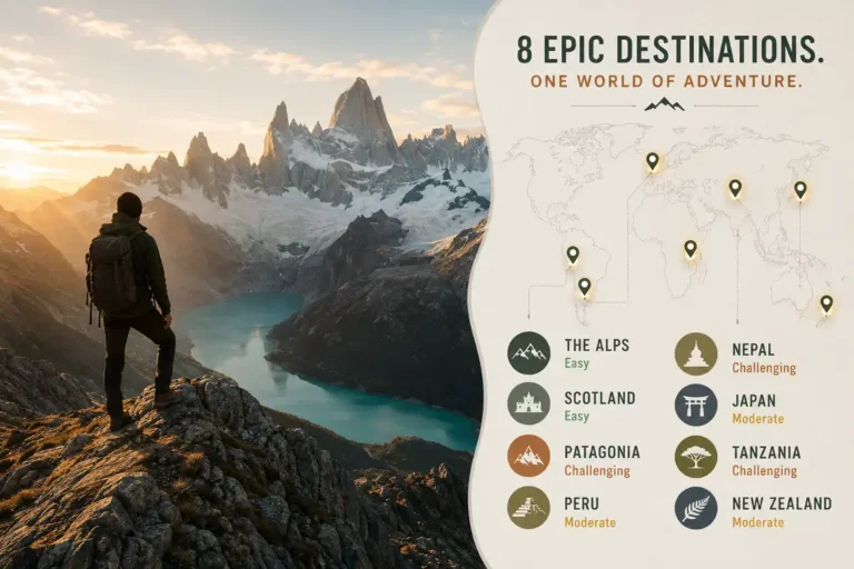 Hiker on a ridgeline at sunrise beside a world map marking top global hiking destinations