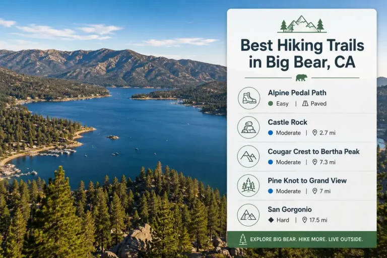 Aerial view of Big Bear Lake ringed by pine covered mountains with a summary card listing top hiking trails and their distances