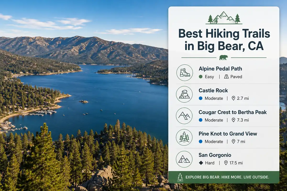 Aerial view of Big Bear Lake ringed by pine covered mountains with a summary card listing top hiking trails and their distances