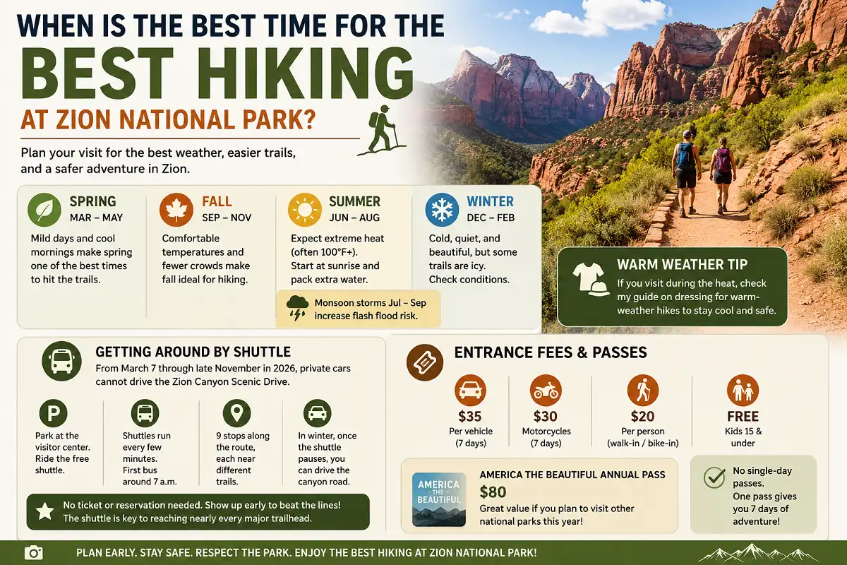 Infographic showing the best time for hiking in Zion National Park, comparing spring, summer, fall, and winter conditions, shuttle transportation details, entrance fees, annual park pass information, and warm-weather hiking safety tips against a scenic red rock canyon background.