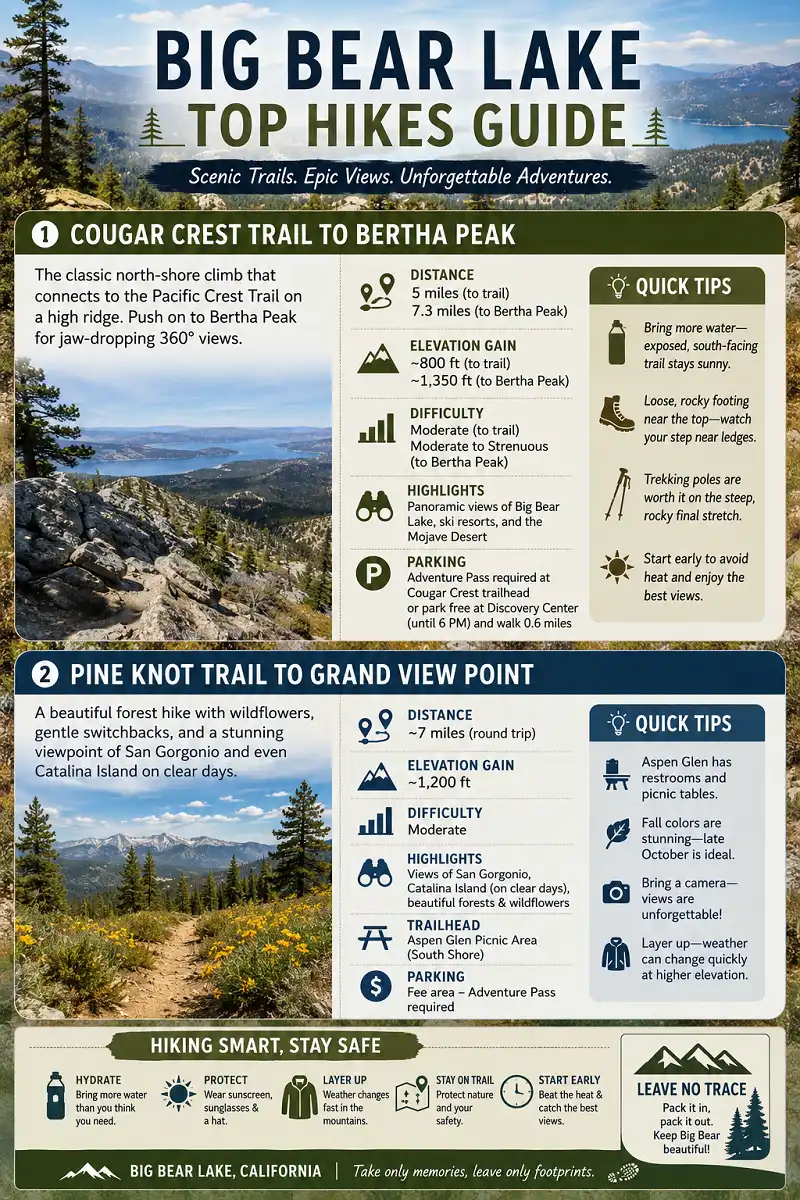 Infographic showing Cougar Crest Trail to Bertha Peak and Pine Knot Trail to Grand View Point with distance, elevation gain, views, parking, and hiking safety tips