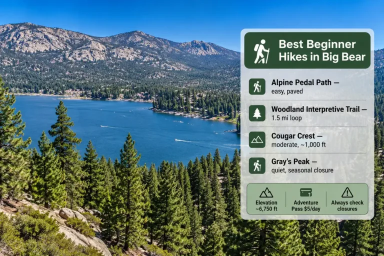 Big Bear Lake ringed by pine forest with a side panel listing top beginner hiking trails and key safety tips