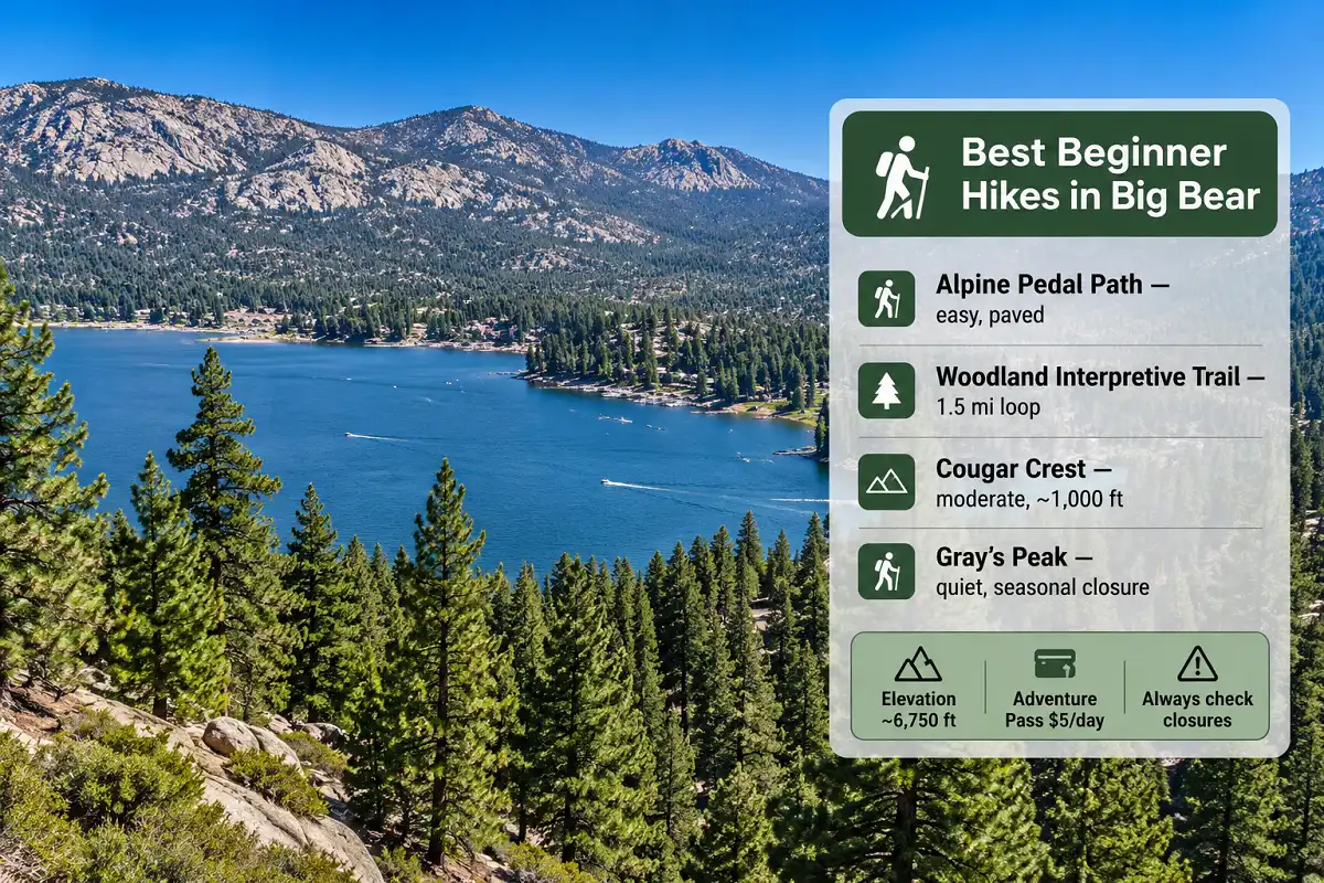 Big Bear Lake ringed by pine forest with a side panel listing top beginner hiking trails and key safety tips