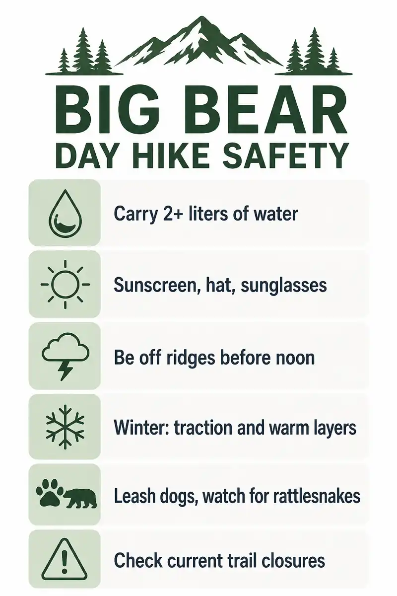 Checklist of Big Bear day hiking safety steps including water, sun protection, closures, and traction