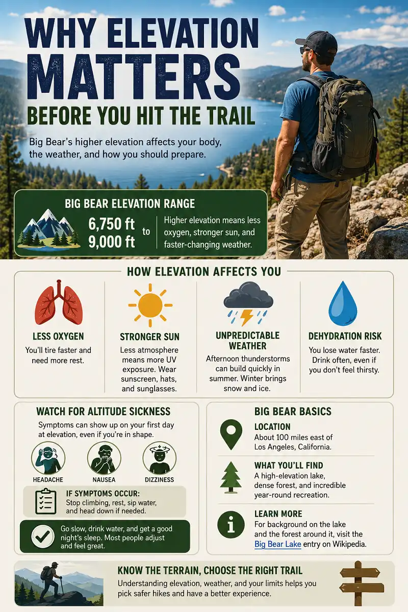 Male hiker at Big Bear Lake with an infographic explaining elevation, reduced oxygen, stronger sun, weather changes, dehydration, and altitude sickness