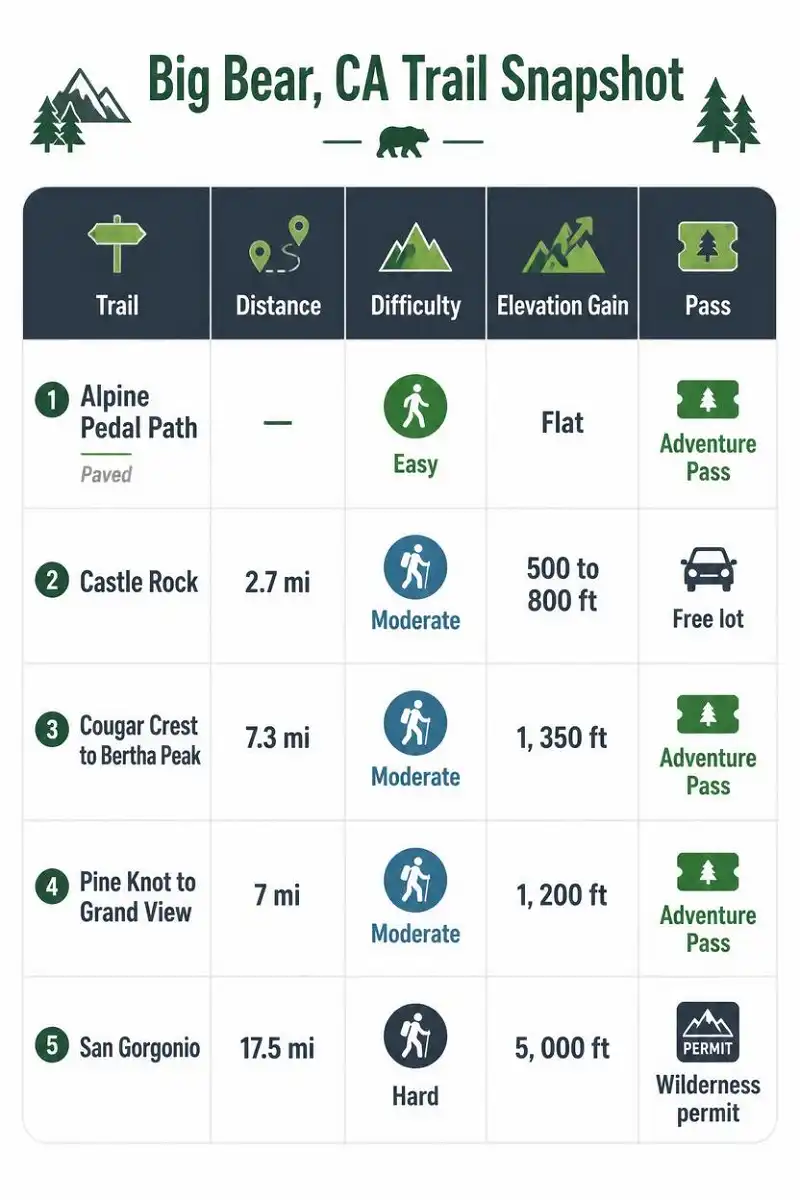 Comparison chart of five Big Bear hiking trails showing distance, difficulty, elevation gain, and pass needed