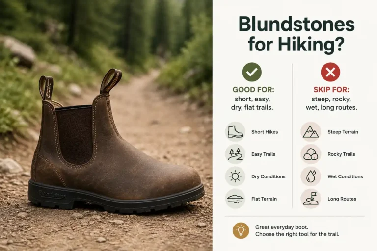 Brown leather Blundstone Chelsea boot on a dirt trail beside a chart showing which hikes suit the boot