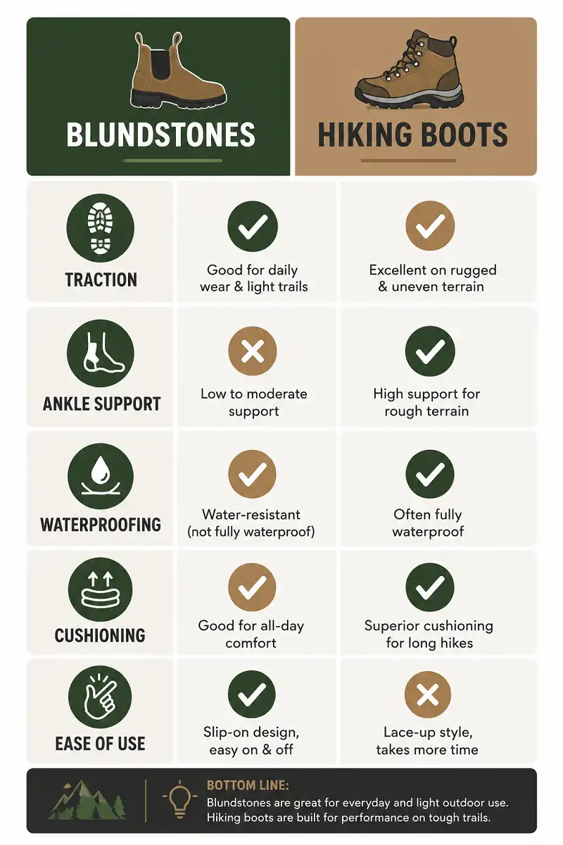Side by side comparison of Blundstone boots and dedicated hiking boots