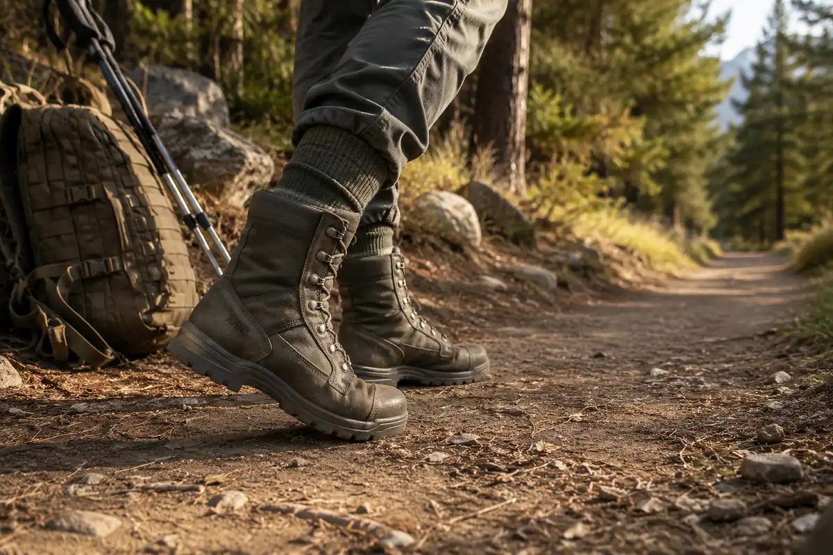 Hiker wearing rugged army boots while breaking them in on a natural trail before a hiking trip