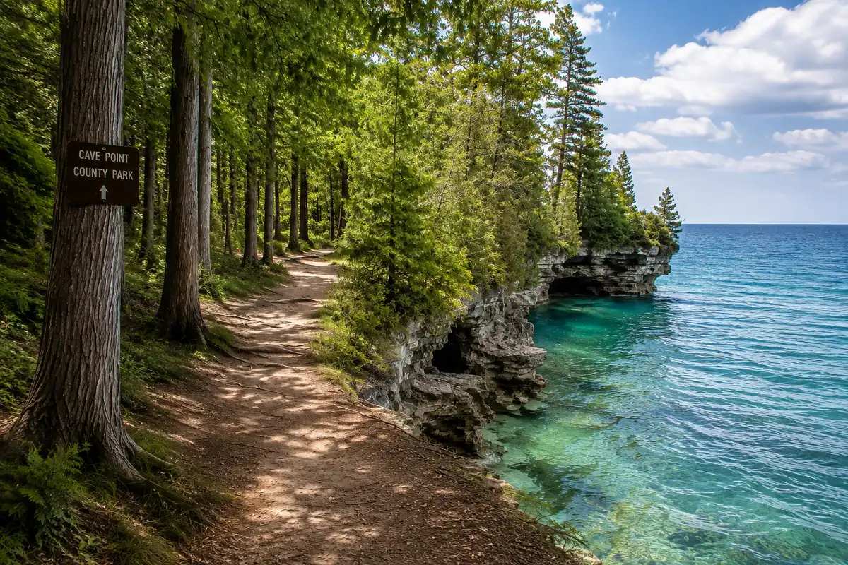 Woodland trail leading to limestone cliffs and Lake Michigan at Cave Point County Park