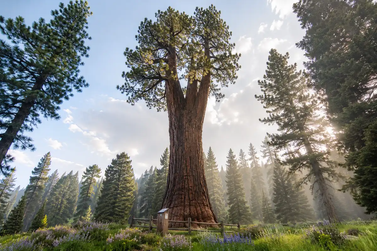 Very tall old lodgepole pine tree beside a small wooden interpretive sign in a mountain meadow