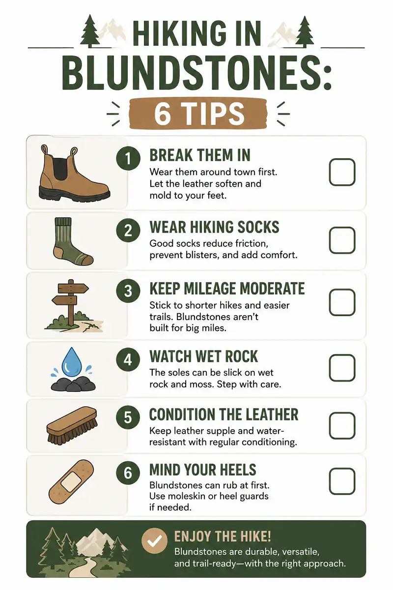 Checklist of six tips for hiking safely in Blundstone boots
