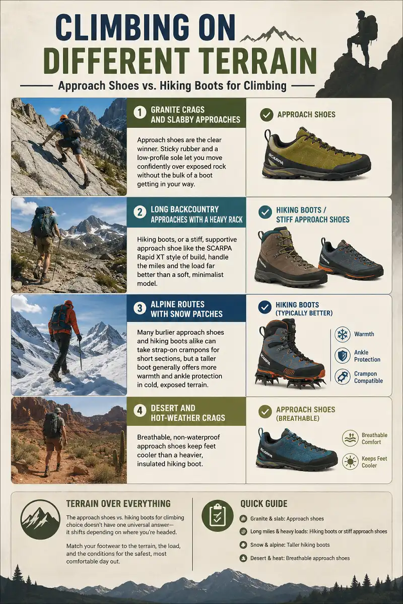 Infographic comparing approach shoes and hiking boots for different climbing terrain
