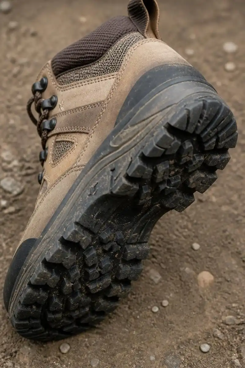 Close up of a tan Merrell hiking boot showing the outsole and leather upper