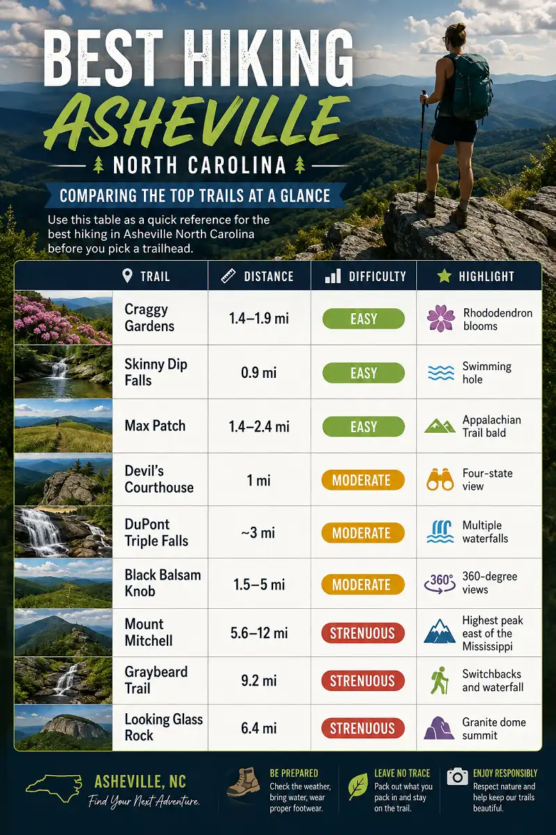 Best Asheville hiking trails comparison with distances and difficulty levels