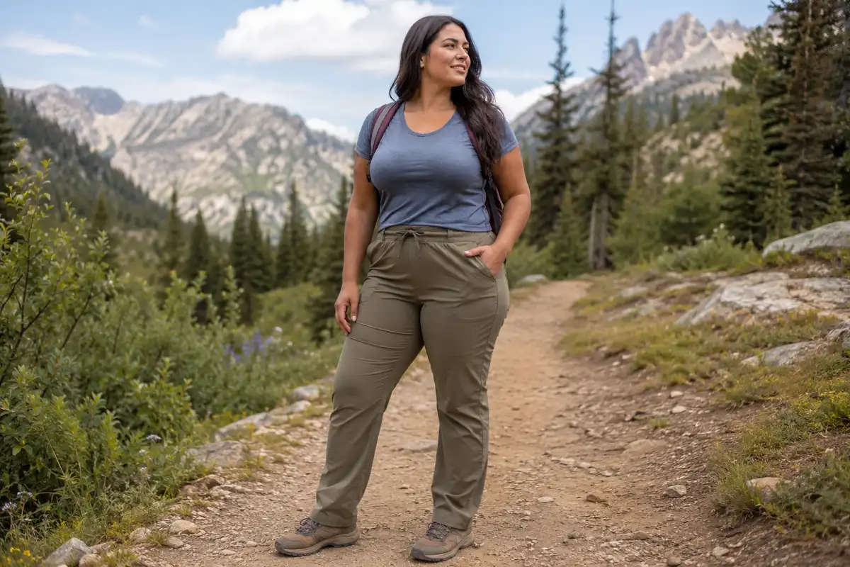Curvy woman wearing comfortable hiking pants with extra room through the hips and thighs on an outdoor trail